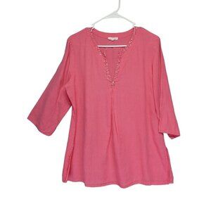 Eileen Fisher‎ Irish Linen Sequin Neck Tunic Top in Pink Sz M 3/4 sleeve sparkle